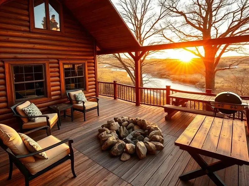 Private cabin deck with firepit at sunset