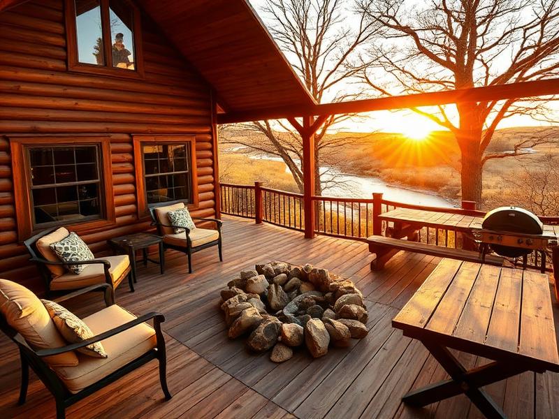 Private cabin deck with firepit at sunset