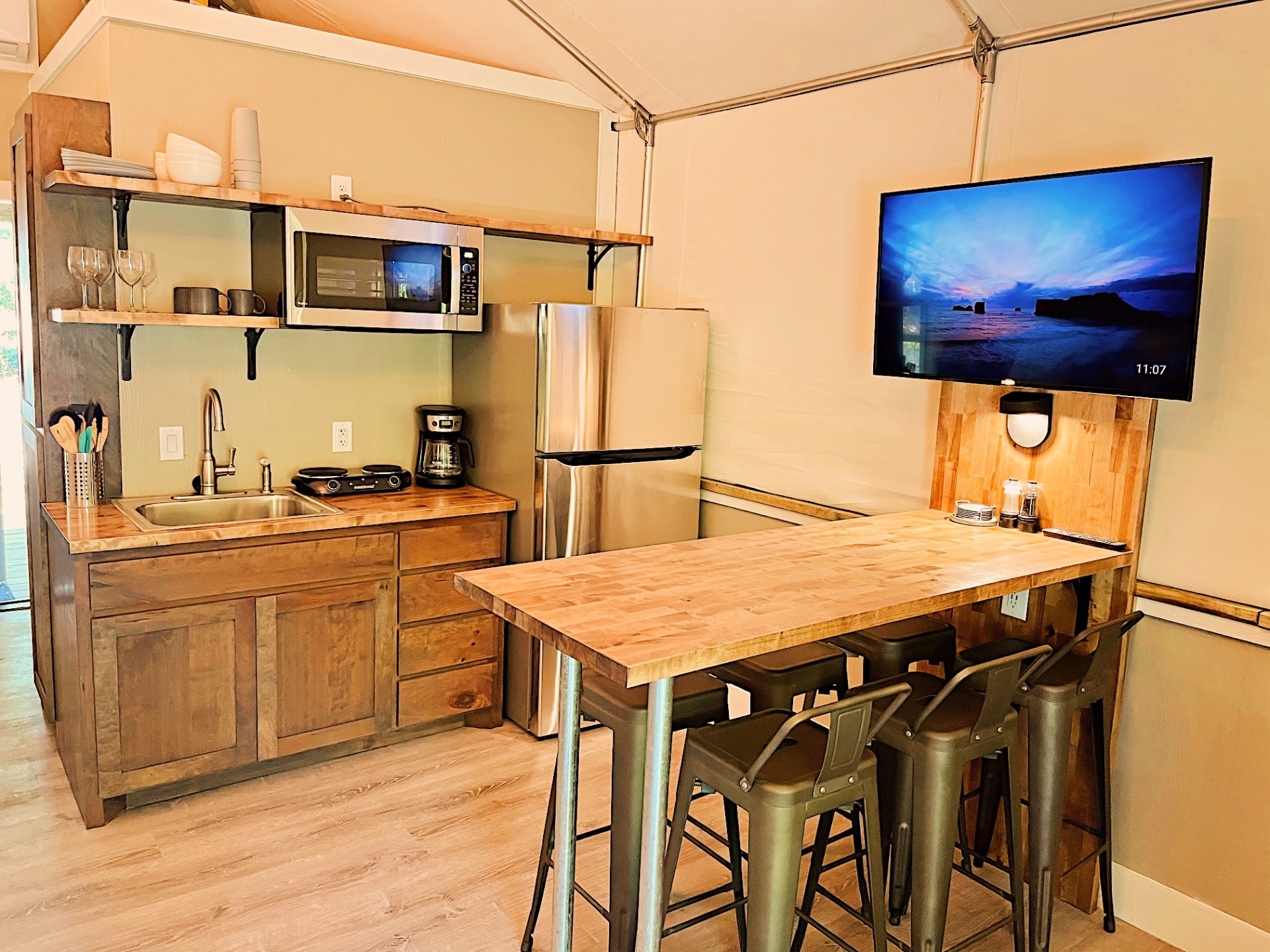 Full kitchen inside the Birdhouse Cabin