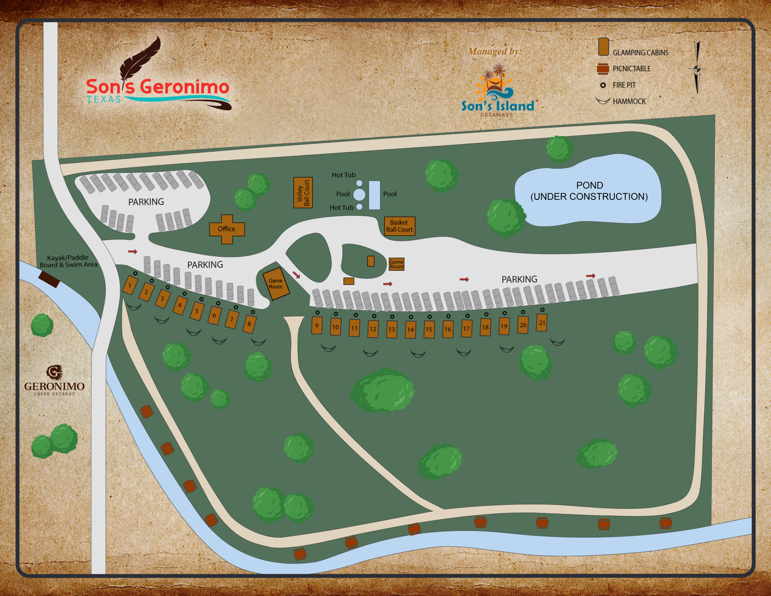 Son's Geronimo Cabin Rentals Property Map showing all 21 cabins, pools, game room, and creek access