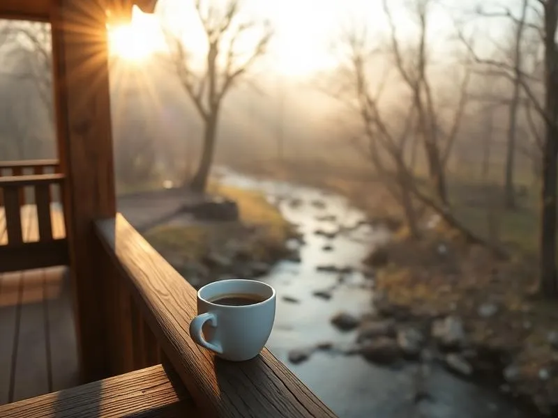 Morning coffee on the cabin deck overlooking Geronimo Creek near San Antonio